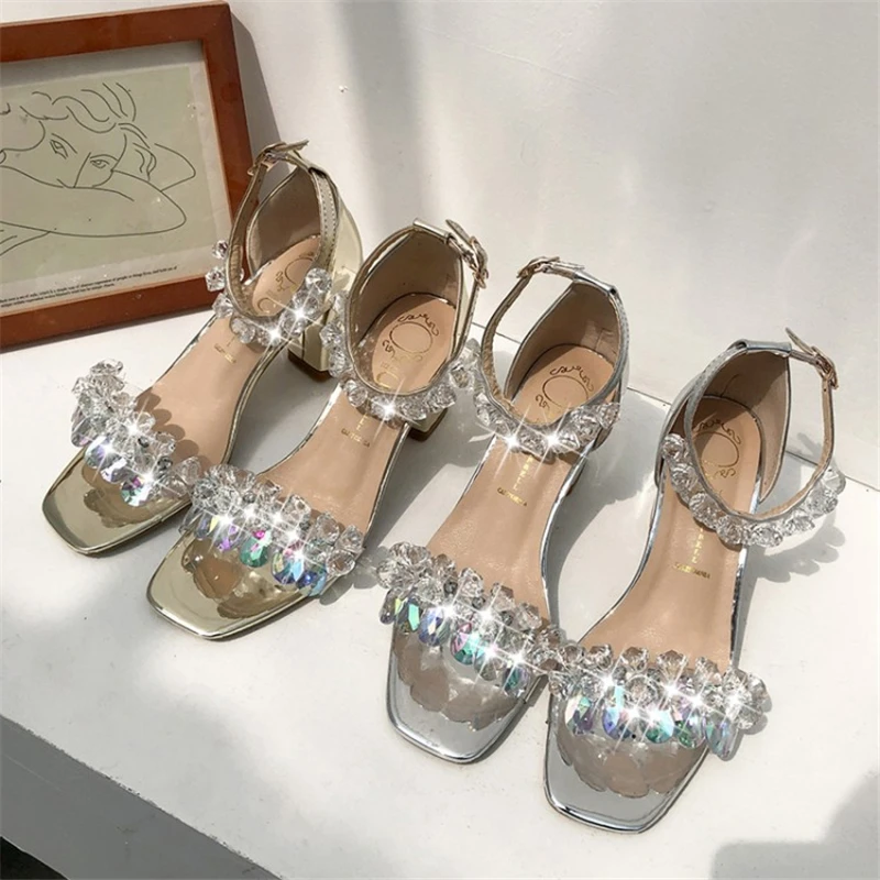 

Luxury Rhinestone women sandals Gold silver buckle strap dress shiny chunky high heel wedding shoes 2019 summer sandalias mujer