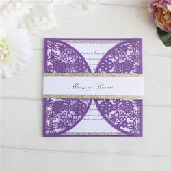Фиолетовый свадебные приглашения бумага цветочный лазерной резки блестящие вставки живота лента Индивидуальные печати 50 шт