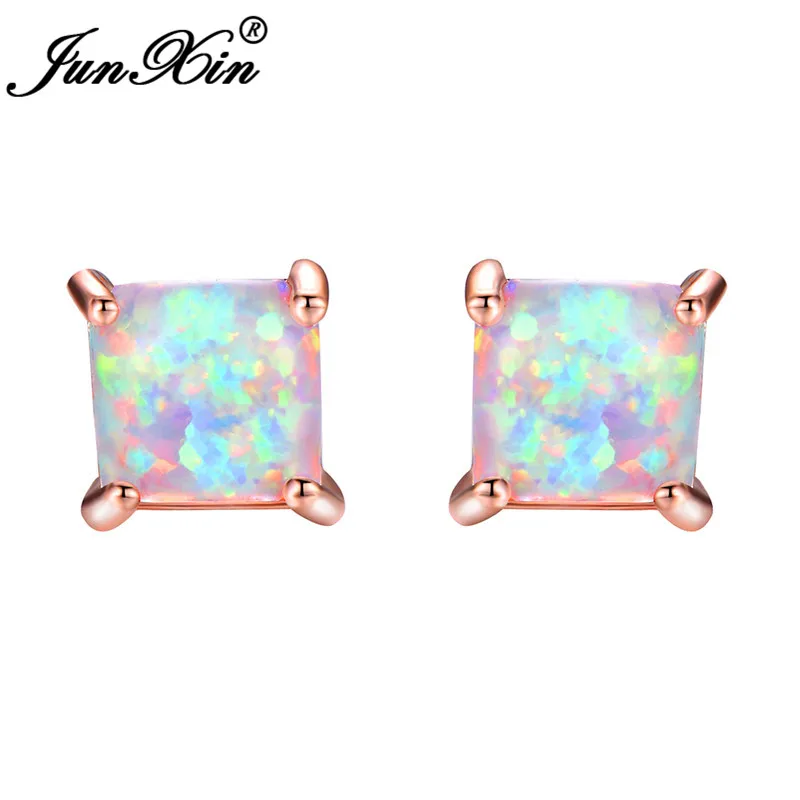 JUNXIN Princess Cut Crystal Square Stud Earrings For Women Men White Gold Rose Gold Color Black CZ White Blue Fire Opal Earrings
