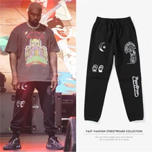 19FW сезон 6 Канье WEST брюки мужские женские уличные спортивные штаны Новые Канье граффити Высокая Улица Свободные лучи длинные защитные штаны