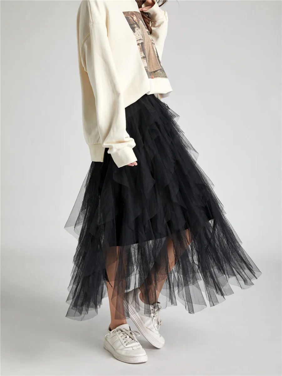 

HXJJP Tulle Skirts Women High Waist Mesh Skirt Hem Asymmetrical Pleated Midi Skirt Female Slim Black Casual New Summer Skirts