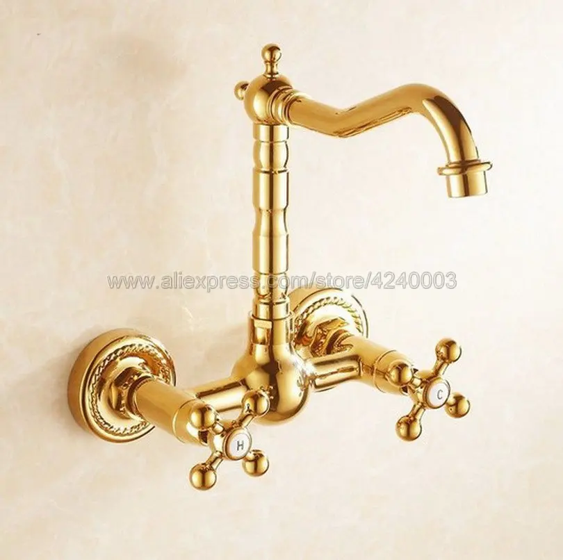 Basin Faucets Gold Brass Wall Mounted Kitchen Bathroom Sink Faucet Dual Handle Swivel Spout Hot Cold Water Mixer Tap Kgf010 Basin Faucets Gold Brass Wall Mounted Kitchen Bathroom Sink Faucet Dual Handle Swivel Spout Hot Cold Water Mixer Tap Kgf010