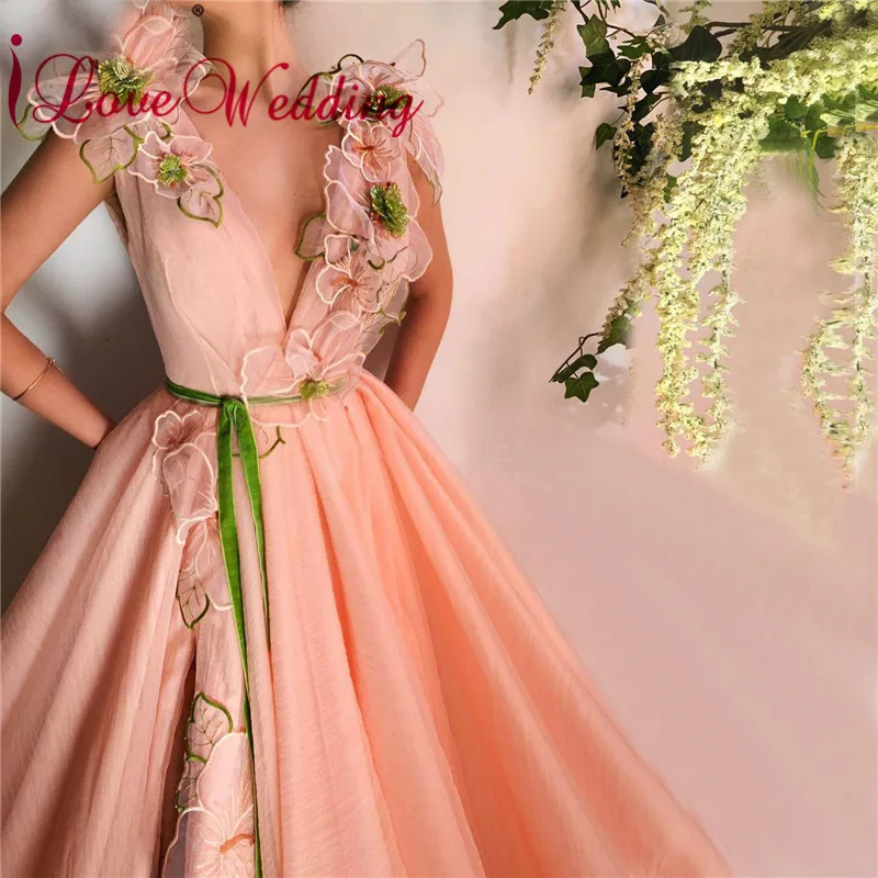 

New Arrival 2019 Sexy V Neck Prom Gown Sleeveless Custom made Pink Tulle Lace Evening Dresses Long for Party Dress