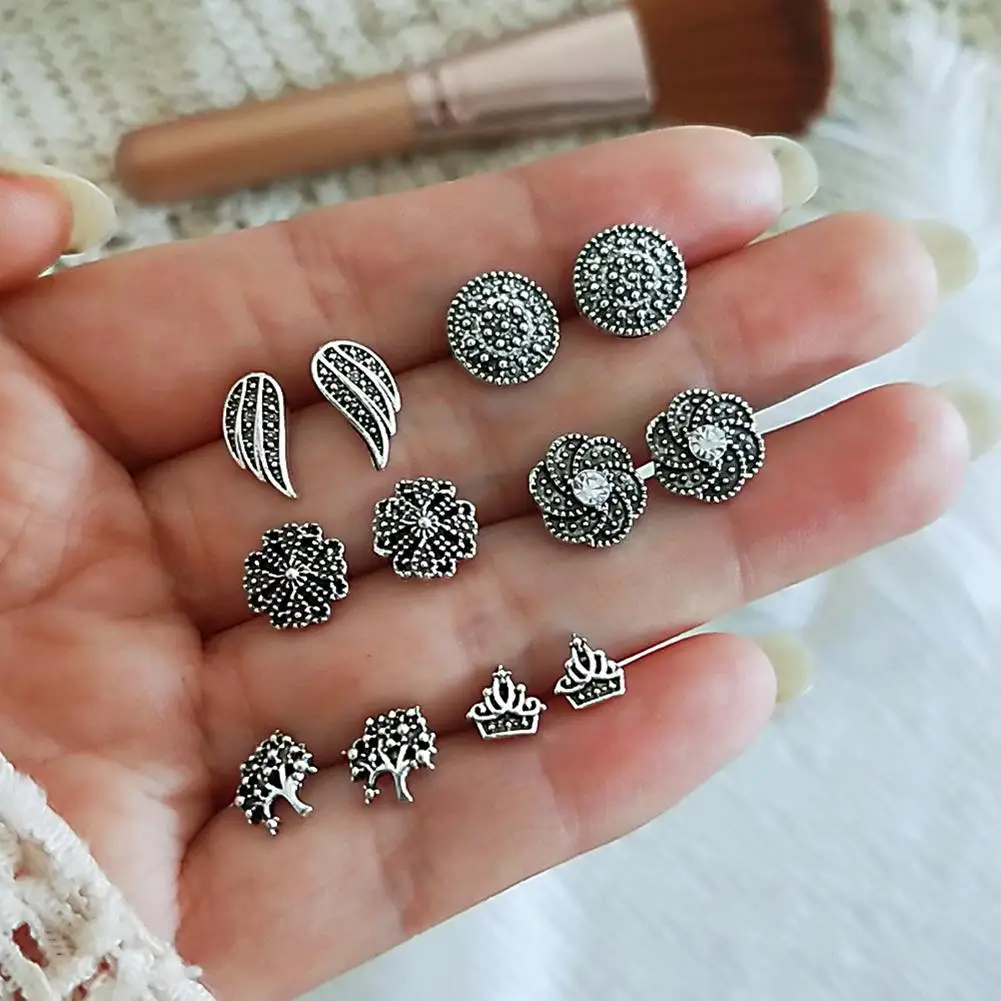 

6 Pairs Vintage Women Wing Christmas Tree Round Ear Stud Earrings Party Jewelry