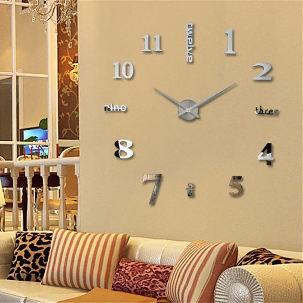 Creative 3D Wall Clock DIY Large Decorative Wall Clock Big Mirror Wall