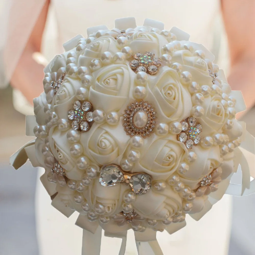 

Hot Sale Purple Blue Ivory Wedding bouquet With Crystal Vintage Rosebud Flowers Bridesmaid bouquets For Wedding Decoration bodas