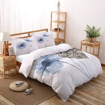 

Blue Watercolor Poppies 3D Cotton Duvet Cover King Size Queen Size Quilt Cover Set Bedclothes Comforter Single Bedding Sets