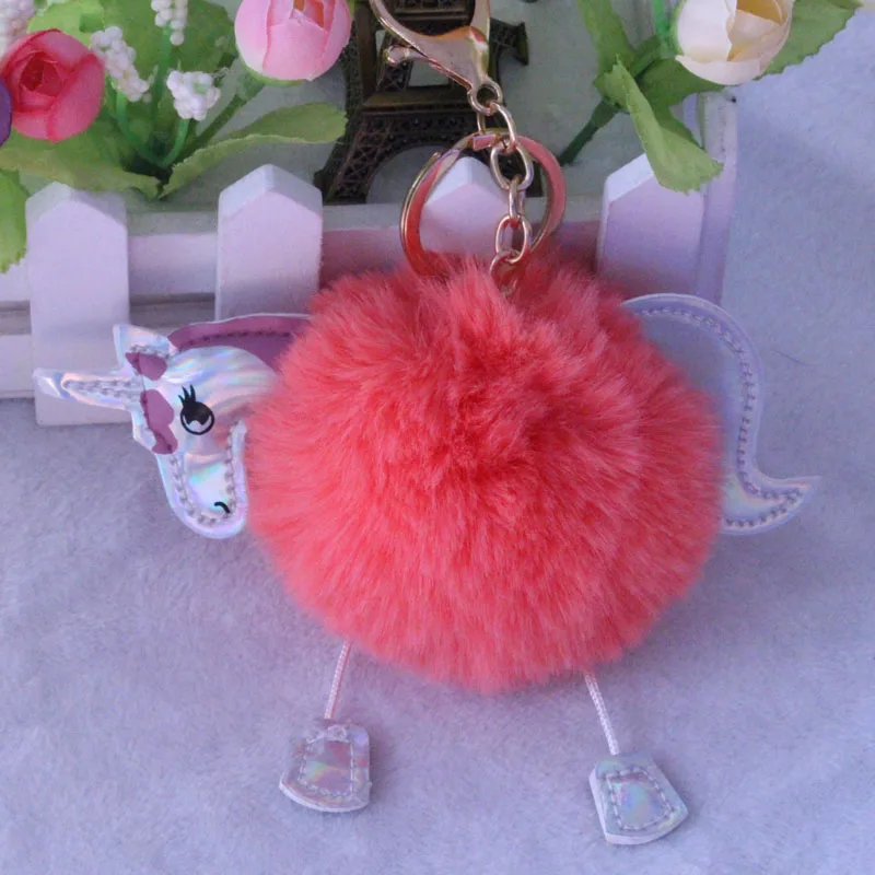 

PINXIU Cute Fluffy Unicorn Keychain Faux Rabbit Fur Ball Pom Pom Key Chains Bag Charms Trinket Car Key Ring Accessories YSK9
