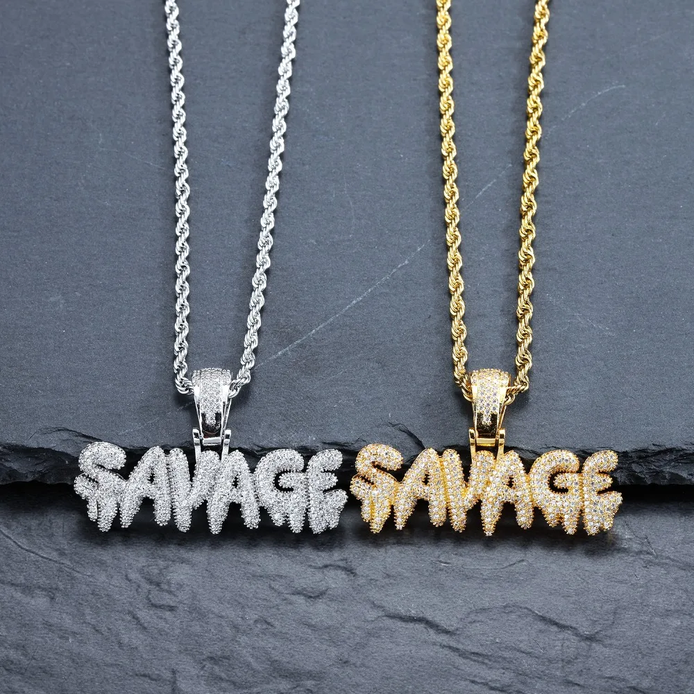 

Women Hip Hop Necklace Brass Gold Bling Iced Out Chains Micro Pave Cubic AAA Zircon SAVAGE Steel Pendant For Men Gifts