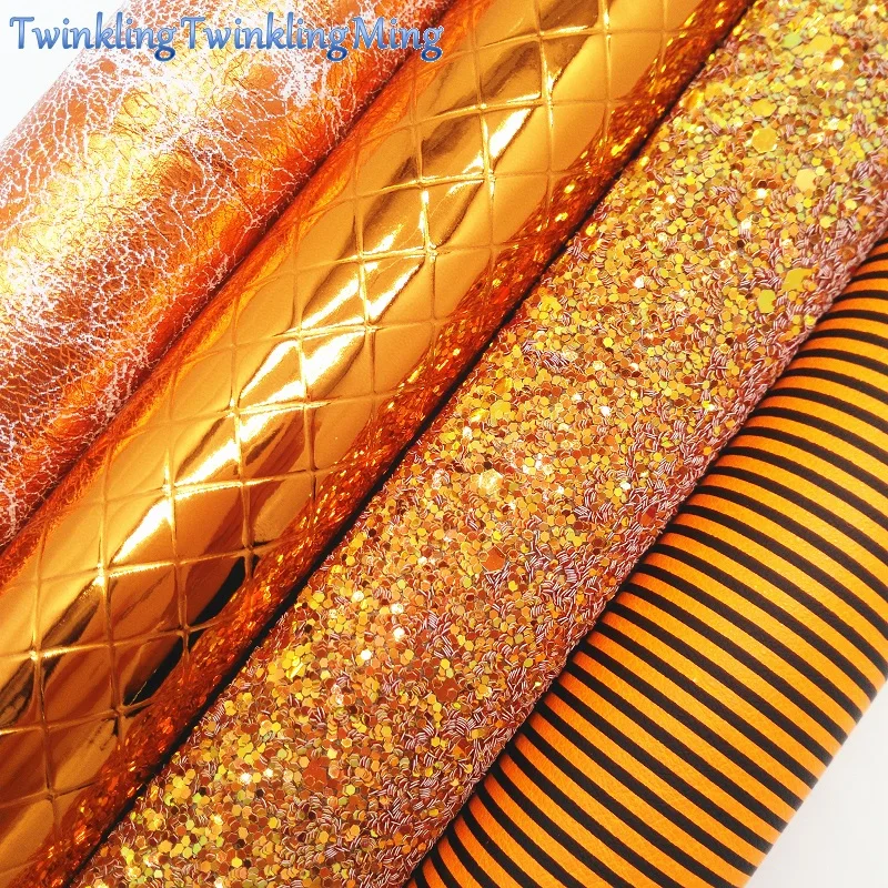 

ORANGE Glitter Fabric, Neon Stripes Faux Leather Fabric, Plaids Synthetic Leather Sheets For Bow A4 8"x11" Twinkling Ming XM259