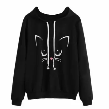 

Women Cartoon Cat Print Long Sleeve Pocket Hooded Pullover Tops Fashion Harajuku Student Sweatshirts Female 2018 Autumn New