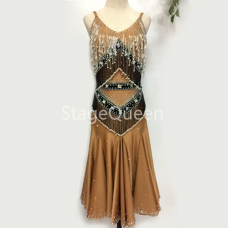 

Glitter Rhinestones Latin Dance Dresses For Ladies Beads Tassels Fringe Dress Fashion Women Ballroom Competitive Stage Costume