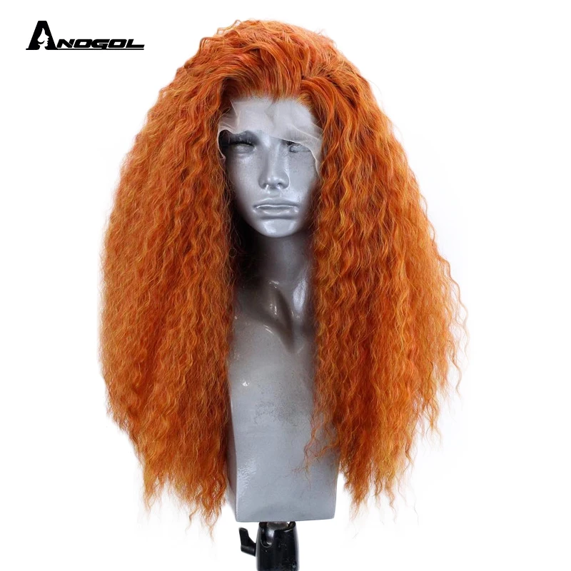 

Anogol Fire Blend High Temperature Fiber Merida Long fluffy Curly Orange Side Part Synthetic Lace Front hair wig for women