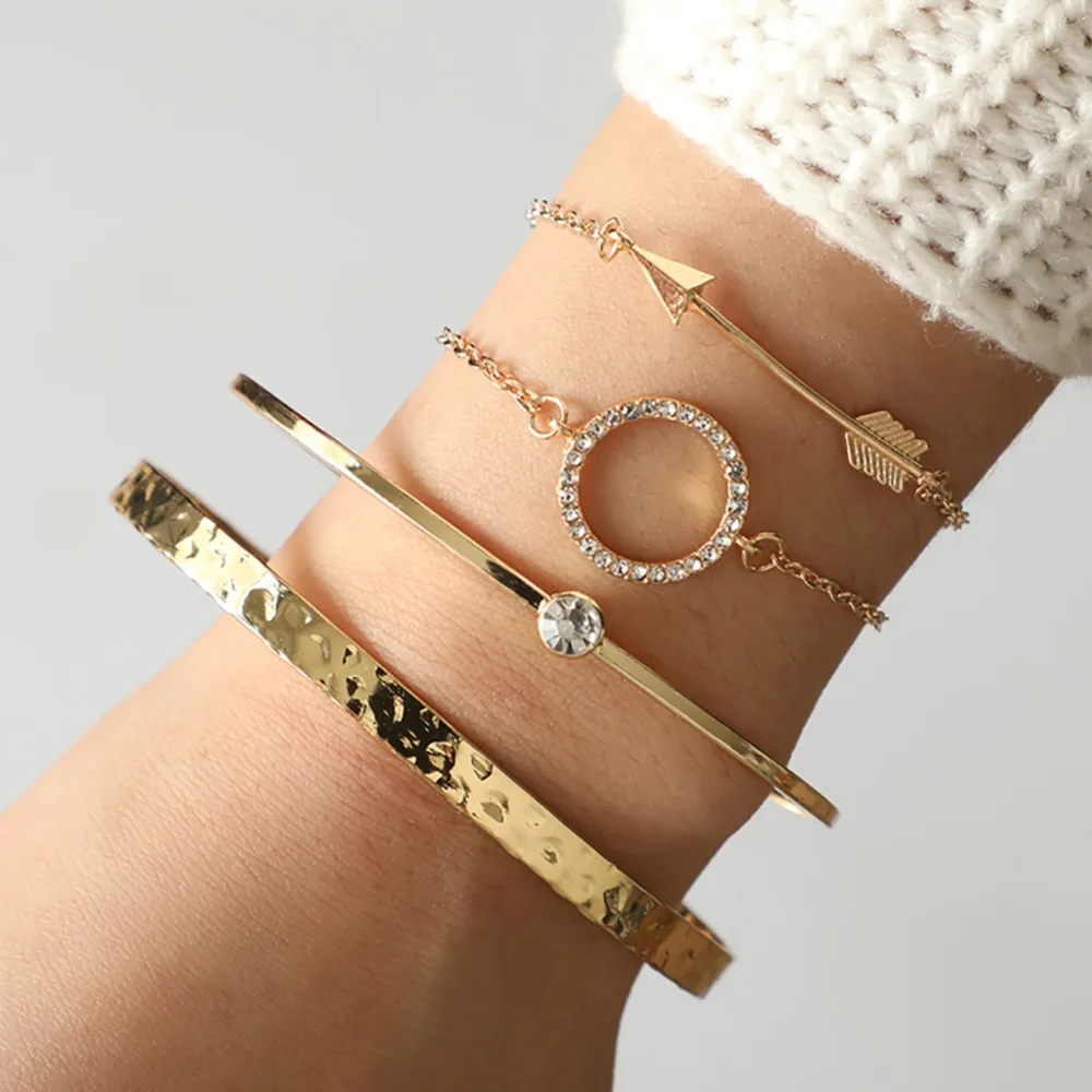 

4pcs/set Hollow Out Arrow Open Adjustable Bangle Simple Circle Rhinestone Bracelets Gold Zircon Jewelry Gift For Women Girls