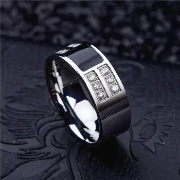 

Mens Stainless Steel Black Enamel with CZ Ring in Silver-color Male Wedding Engagement Bands Fashion Jewelry Anel Aneis