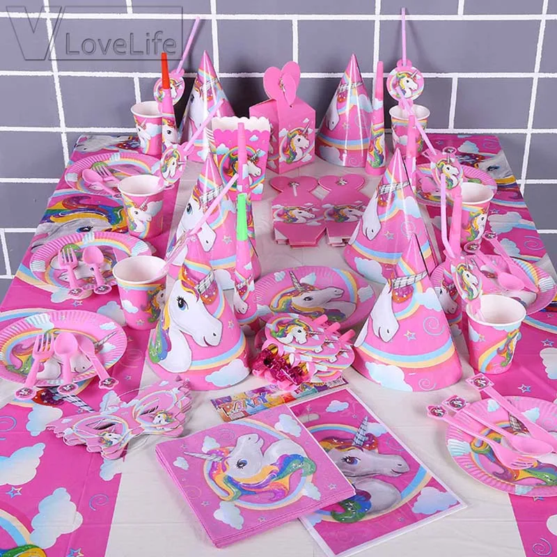 

1Set Unicorn Theme Pink Birthday Party Set Unicorn Plates Banner Glasses Kids Birthday Party Favors Unicorn Cups Dishes