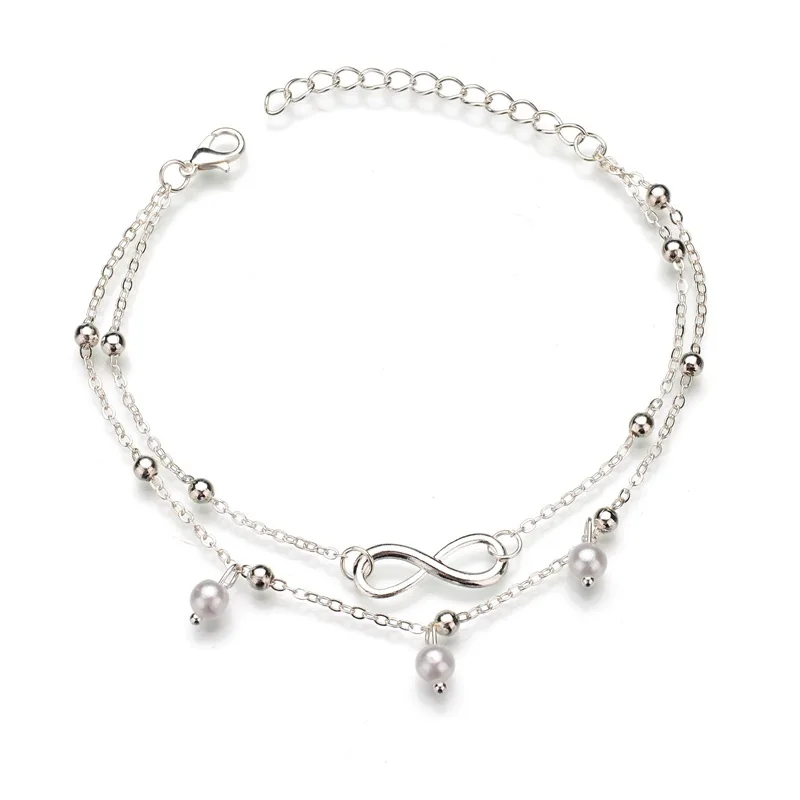 

Women Infinity Pearls Anklets Double Layer Geometric Leg Bracelet Anklet 2018 Foot Wave Chain Barefoot Beach Tobilleras JL018
