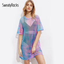 SweatyRocks заниженной линией плеч Tie Dye ажурные крышку ИБП платье Мода шею короткий рукав пикантные Для женщин спортивные футболка Платья