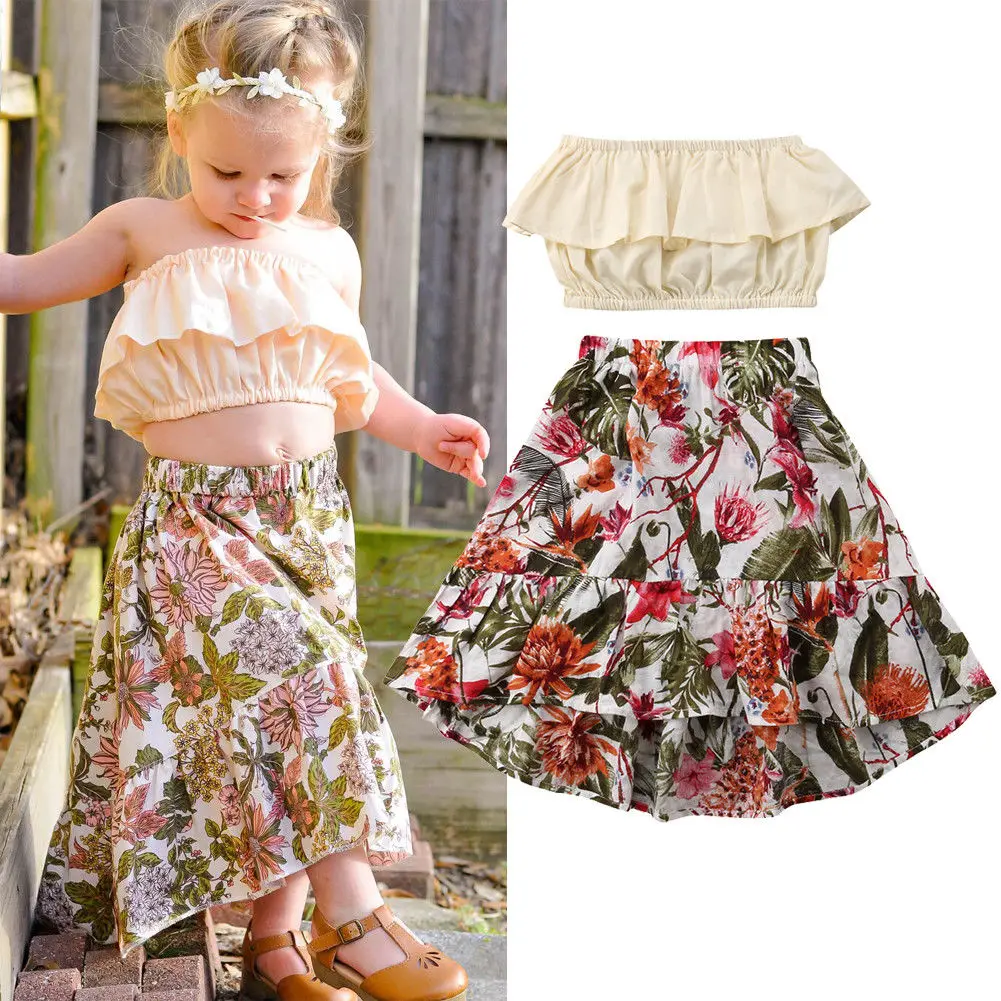 2 шт. Детская летняя одежда для девочек одноцветное Цвет малыша от плеча майка Высокая талия юбка с цветочным рисунком модная одежда
