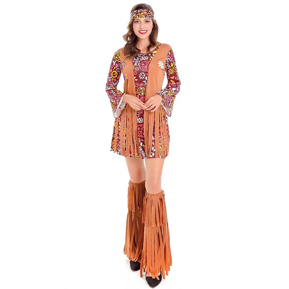 Взрослый 60 ый Groovy Костюм хиппи цветок мощность наряд в стиле диско дамы 70s Дива