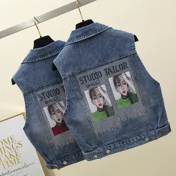 

New Hot Drill Printing Denim Vest Female Sleeveless Loose casual Jean Waistcoat Jacket plus size 5xl r1386