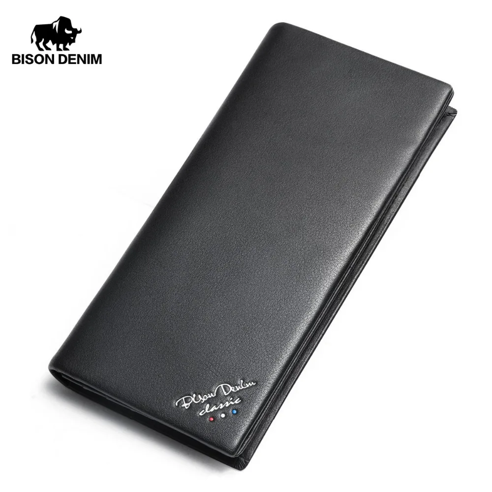 

BISON DENIM Long Purse Men Wallet Business Men's Genuine Leather Wallet Thin Luxury Brand Design Handy Slim Male Wallets N4481-1