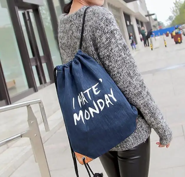 

New Drawstring Backpack Cotton Canvas Travel Softback Man Women sackpack letter Distinctive Drawstring Bag I hate