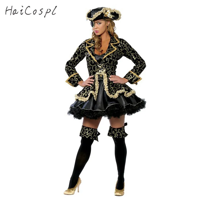 

Pirate Costume Women Sexy Skirt Halloween Party Cosplay Fantasy Stage Performance Black Gold With Blinder Hat Carnival Outfit