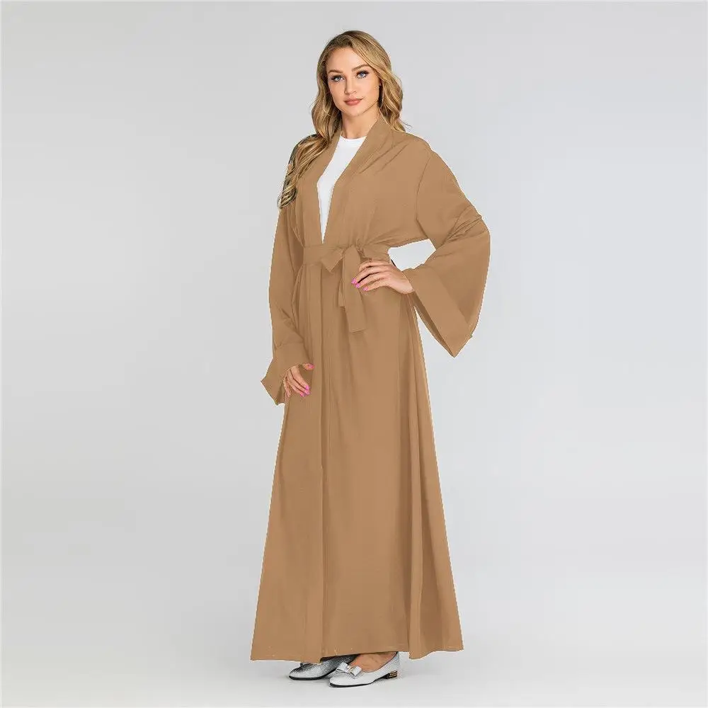 New Open Front Cardigan Dubai Kimono Abaya Maxi Dress Muslim For Women Solid Color Long Sleeve Arab Robe Gown Middle East Dress