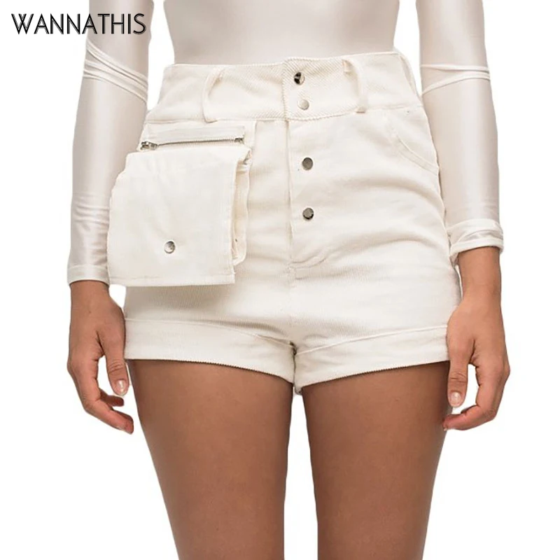 

WannaThis Summer Short Pants Corduroy High Waist Big Pocket Button Sexy Casual Women Panties New Shorts White Black Female