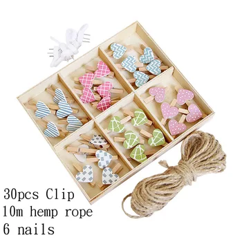 

30X4mm 30Pcs Clothes Pegs 10m Hemp Rope 6 Seamless Nails Clothespin Clips Office Party Decoration Accessories Photo Hanging Pegs