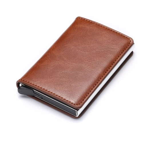 ZOVYZOL Slim Mini Wallet Metal Aluminum Business id Card Case Anti Rfid Protection Men Women Credit Card Holder Leather Vintage - Цвет: B BROWN X-12