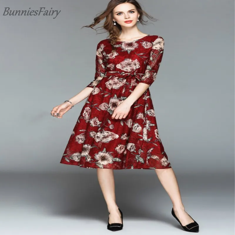 01 BunniesFairy новые летние Для женщин платья Винтаж розы Цветочный принт кружевное платье бантом до колена Длина повседневные платья женские - Цвет: 01