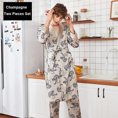 Hawiton Brand Autumn Satin Silk Men Pajamas Set Men's Luxurious Printed Sleepwear Suit Long Sleeve Bath Robe+ Pants Two Pieces - Цвет: XB Long Set