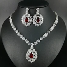 NEW Luxury fashion retro red/green/blue/black zircon white gold color necklace earrings set wedding bride banquet dinner jewelry