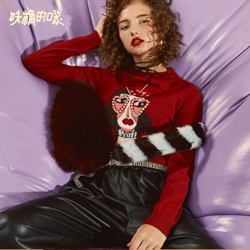 

ELF SACK Autumn New Woman Sweater Character Print Long Sleeve Turtleneck Women Pullovers Casual Hand Knitted Loose Femme Sweater
