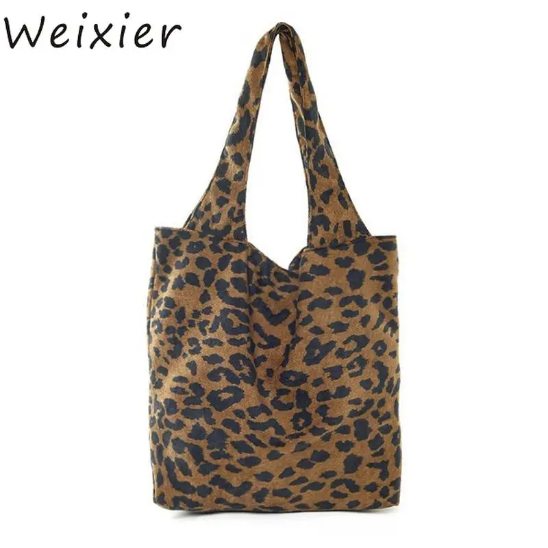 

WEIXIER Leopard Print Shoulder Bag Corduroy Vintage Fashion Leopard Tote Hand Bags Women Ladies Casual Shopping Shopper LY-50