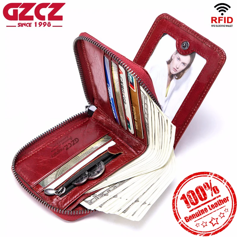 

GZCZ Women Wallets 2018 Fashion With Zipper Genuine Leather Red Luxury Brand Wallet Solid Coin Pocket Small Female Purse