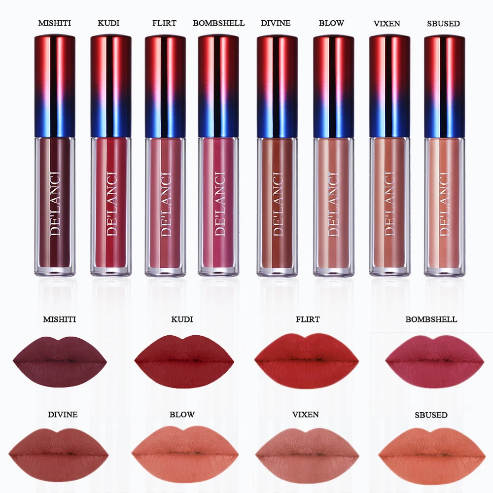 

DE'LANCI Makeup Lip Gloss Waterproof Matte Liquid Lipstick Set Nude 8 Piece Long Lasting Lip Gloss Set