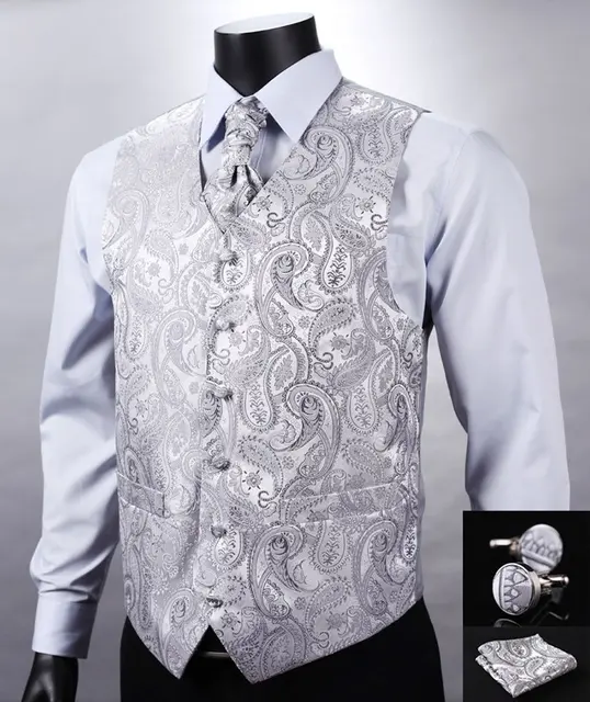 VE12 Silver Gray Paisley Top Design Wedding Men 100%Silk