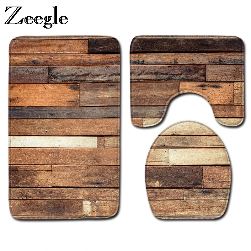 Zeegle 3Pcs Mats For Toilet Bathroom Carpet Wood Grain Bath MatSet Non