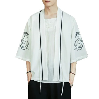 

Three Quarter Men Casual Shirts 2019 Mens Cotton Linen Shirt Male Collarless Vintage Open Stitch Print Kimono Man Camisas Hombre