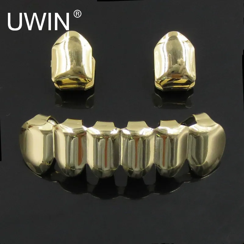 

UWIN Hip Hop Gold Silver Custom Mouth Grills Set 2pcs Single Top & 6 teeth Bottom set gold grills