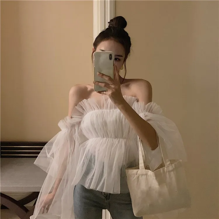 Summer Slash Neck White Blouse Lace Women New Chic Flare Sleeve Casual Mesh Top Sexy Bare Shoulder Elegant Shirt