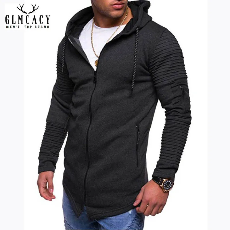 Ruched Pleated Raglan Men Cardigan Hoodies Striped Casual Active Zip Up