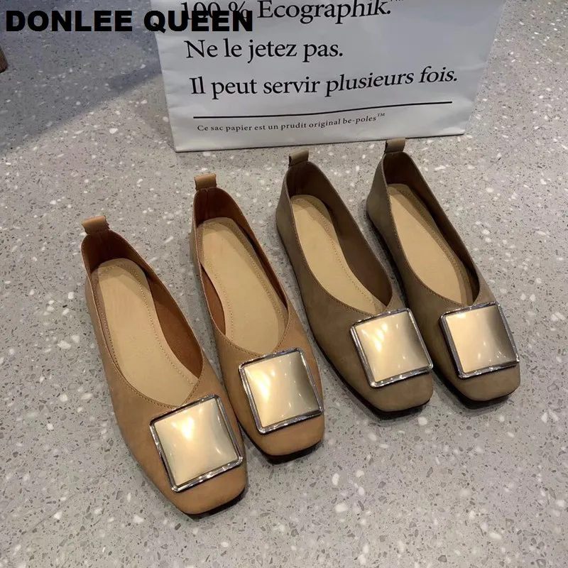 

DONLEE QUEEN Women Flats Shoes Slip On Casual Loafers Square Toe Shallow Spring Autumn Shoes Brand Buckle Moccasins Rubber Sole