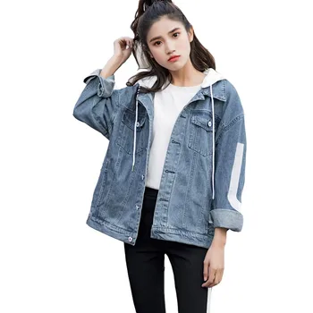 

Oversize Denim Jacket Women 2019 New Loose BF Korean Hooded Detachable Long Sleeve Single-Breasted Letter Jacket Top Female Q323