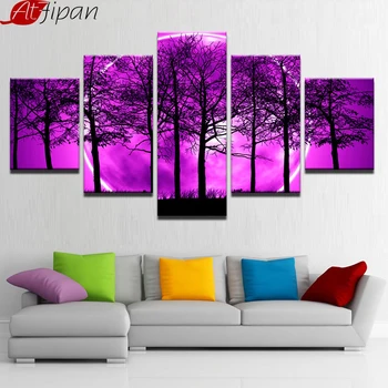 

5 Pieces Purple Moon Night Psychedelic Forest Painting Canvas Room Home Decor Pictures Wall Art Trees Poster Framework