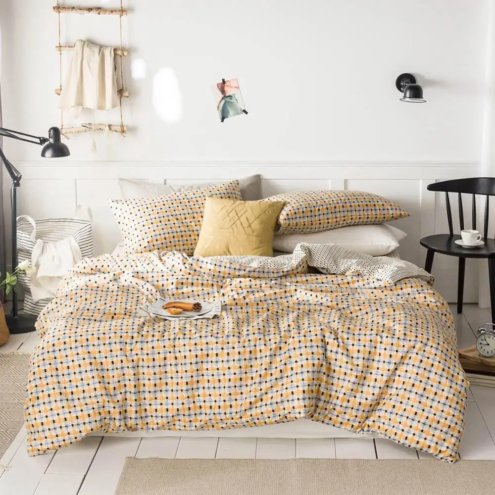 

2019 Geometric Yellow Plaids Bed Cover Duvet Cover Set Cotton Bedding Set Bedlinens Twin Queen King Flat Sheet Fitted Sheet