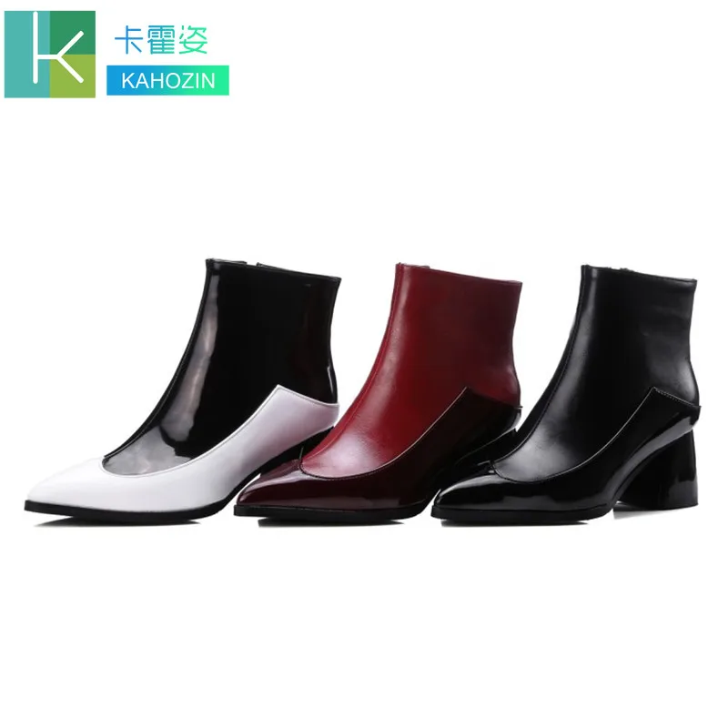 

ankle boots for women Pointed color matching mid-heel boots red black white star style Waxing Spring/Autumn PU Short Plush